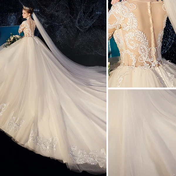 Charmant Champagne Robe De Mariée 2019 Robe Boule Encolure Dégagée Paillettes En Dentelle Fleur 1/2 Manches Cathedral Train