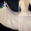 Charmant Champagne Robe De Mariée 2019 Robe Boule Encolure Dégagée Paillettes En Dentelle Fleur 1/2 Manches Cathedral Train