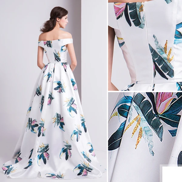 Modern / Fashion Ivory Evening Dresses 2019 A-Line / Princess Off-The-Shoulder Printing Short Sleeve Backless Floor-Length / Long Formal Dresses