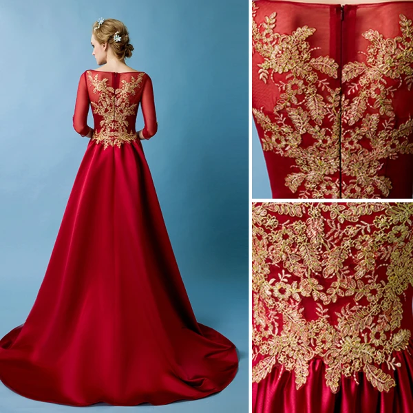 Elegant Burgundy Evening Dresses  2019 A-Line / Princess Scoop Neck Gold Lace Appliques 3/4 Sleeve Sweep Train Formal Dresses