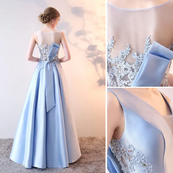 Chic / Beautiful Sky Blue Evening Dresses  2019 A-Line / Princess V-Neck Crystal Lace Flower Sleeveless Bow Floor-Length / Long Formal Dresses