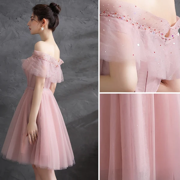 Schöne Rosa Heimkehr Cocktailkleider Abiballkleider 2021 A Linie Off Shoulder Perlenstickerei Pailletten Stoffgürtel Kurze Ärmel Rückenfreies Knielang Cocktail Festliche Kleider