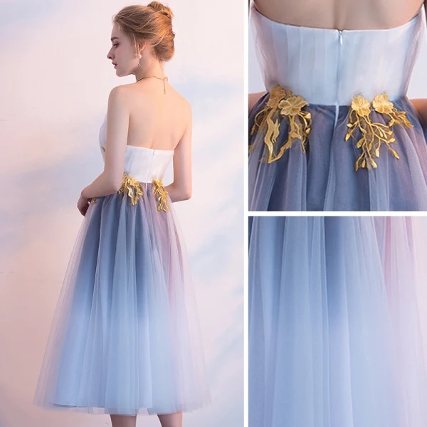 Chic / Belle Dégradé De Couleur de retour Robe De Graduation 2018 Princesse Appliques Titulaire Dos Nu Sans Manches Mi-Longues Robe De Ceremonie