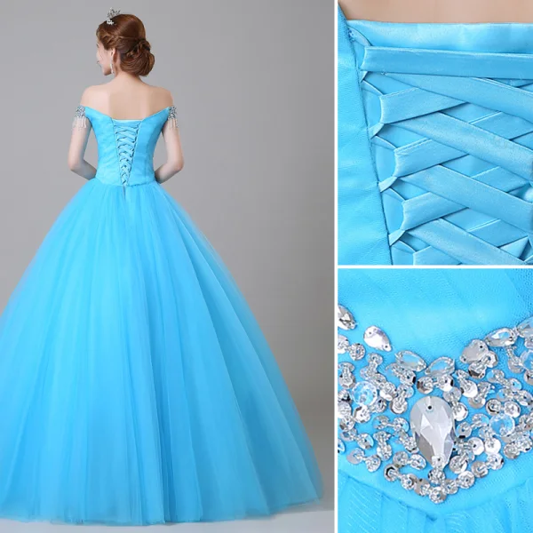 Traditional Pool Blue Prom Dresses 2019 Ball Gown Off-The-Shoulder Crystal Pearl Rhinestone Sequins Short Sleeve Backless Floor-Length / Long Formal Dresses