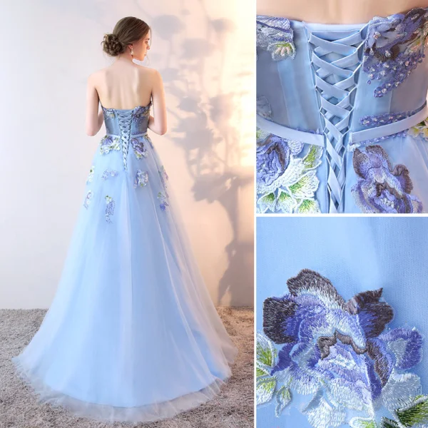 Chic / Belle Bleu Ciel Robe De Soirée 2019 Princesse Bustier Perlage Perle Paillettes Appliques En Dentelle Fleur Sans Manches Dos Nu Longue Robe De Ceremonie