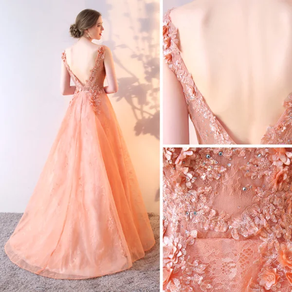 Classy Orange Evening Dresses 2019 A-Line / Princess V-Neck Rhinestone Lace Flower Appliques Sleeveless Backless Floor-Length / Long Formal Dresses