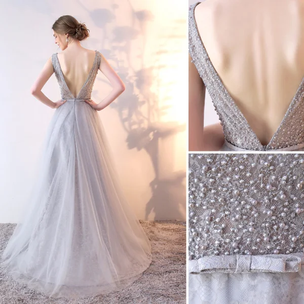 Elegant Grey Evening Dresses 2019 A-Line / Princess V-Neck Bow Pearl Lace Flower Sleeveless Backless Floor-Length / Long Formal Dresses
