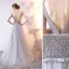 Elegant Grey Evening Dresses  2019 A-Line / Princess V-Neck Bow Pearl Lace Flower Sleeveless Backless Floor-Length / Long Formal Dresses