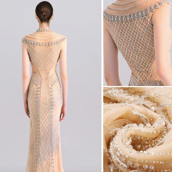 Charmant Champagne Robe De Soirée 2019 Trompette / Sirène Col Haut Fait main Perlage Cristal Sans Manches Longue Robe De Ceremonie