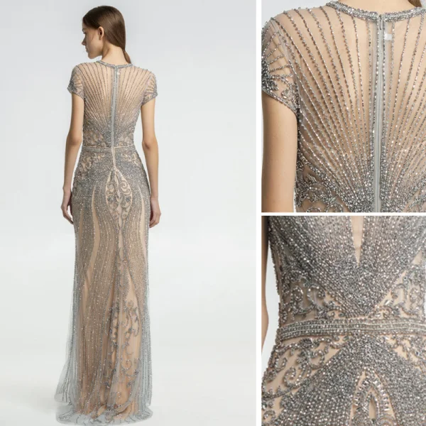 High-end Champagne Evening Dresses 2019 Trumpet / Mermaid Scoop Neck Handmade Beading Crystal Rhinestone Short Sleeve Floor-Length / Long Formal Dresses