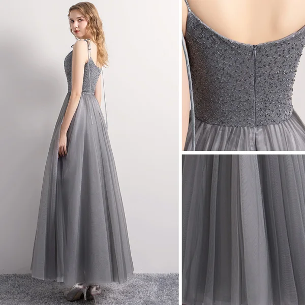 Chic / Belle Gris Robe De Bal 2019 Princesse Bretelles Spaghetti Noeud Perlage Paillettes Sans Manches Dos Nu Longueur Cheville Robe De Ceremonie