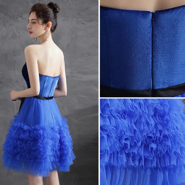 Sexy Royal Blue Suede Cocktail Dresses Party Dresses 2021 A-Line / Princess Strapless Bow Sleeveless Backless Short Ruffle Cocktail Party Formal Dresses
