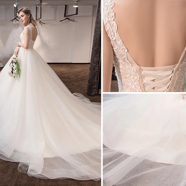 Élégant Champagne Robe De Mariée 2018 Robe Boule En Dentelle Fleur V-Cou Dos Nu Sans Manches Royal Train Mariage