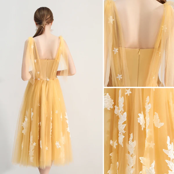 Chic / Belle Jaune de retour Robe De Graduation 2019 Princesse Encolure Carrée En Dentelle Fleur Sans Manches Dos Nu Thé Longueur Robe De Ceremonie