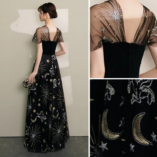 Modern / Fashion Black Evening Dresses  2019 A-Line / Princess V-Neck Lace Star Suede Cap Sleeves Backless Floor-Length / Long Formal Dresses
