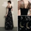 Modern / Fashion Black Evening Dresses  2019 A-Line / Princess V-Neck Lace Star Suede Cap Sleeves Backless Floor-Length / Long Formal Dresses