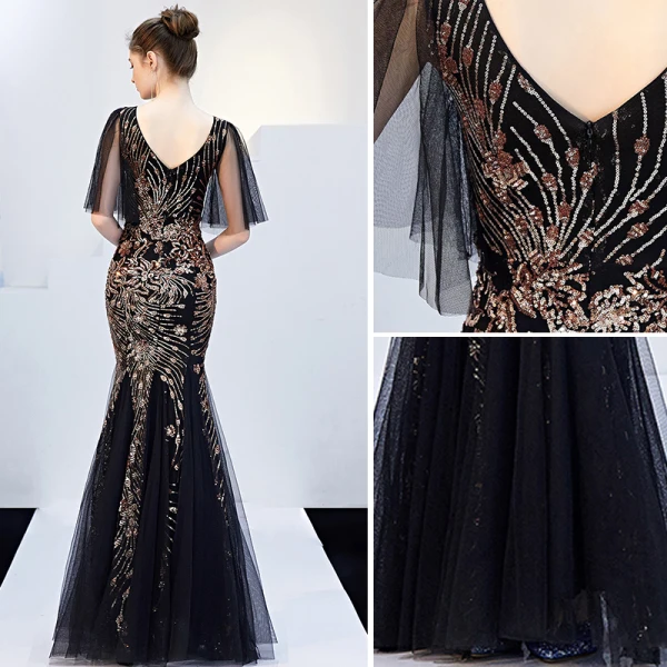 Charming Black Gold Evening Dresses 2019 Trumpet / Mermaid V-Neck Sequins Short Sleeve Backless Floor-Length / Long Formal Dresses
