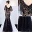 Charming Black Gold Evening Dresses  2019 Trumpet / Mermaid V-Neck Sequins Short Sleeve Backless Floor-Length / Long Formal Dresses