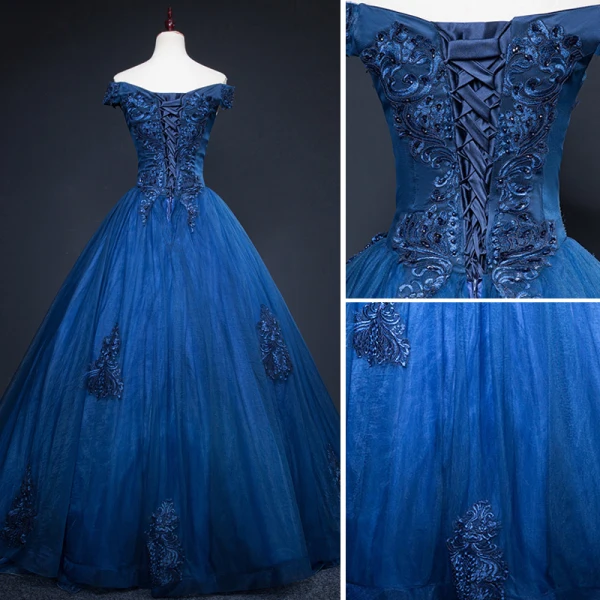 Vintage / Retro Navy Blue Prom Dresses 2019 A-Line / Princess Off-The-Shoulder Beading Crystal Lace Flower Sleeveless Backless Floor-Length / Long Formal Dresses
