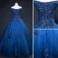 Vintage / Retro Navy Blue Prom Dresses 2019 A-Line / Princess Off-The-Shoulder Beading Crystal Lace Flower Sleeveless Backless Floor-Length / Long Formal Dresses