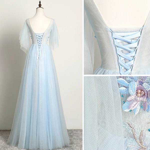 Chic / Beautiful Sky Blue Evening Dresses 2019 A-Line / Princess V-Neck Pearl Rhinestone Lace Flower Short Sleeve Backless Floor-Length / Long Formal Dresses