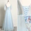 Chic / Beautiful Sky Blue Evening Dresses  2019 A-Line / Princess V-Neck Pearl Rhinestone Lace Flower Short Sleeve Backless Floor-Length / Long Formal Dresses