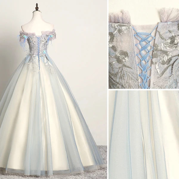 Mode Himmelblau Ballkleider 2019 A Linie Off Shoulder Spitze Blumen Perle Applikationen Kurze Ärmel Rückenfreies Lange Festliche Kleider
