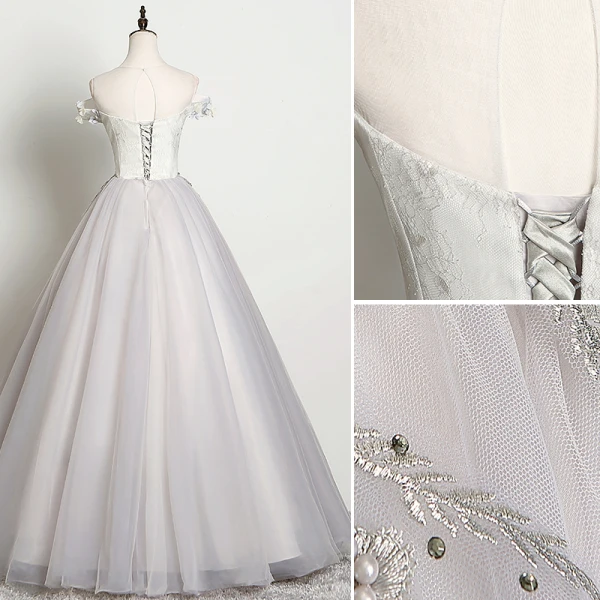 Élégant Gris Robe De Bal 2019 Princesse Encolure Dégagée Perle Faux Diamant Appliques En Dentelle Fleur Sans Manches Dos Nu Longue Robe De Ceremonie
