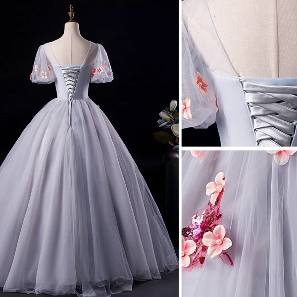 Elegant Grey Prom Dresses 2019 A-Line / Princess Scoop Neck Appliques Pearl Short Sleeve Backless Floor-Length / Long Formal Dresses