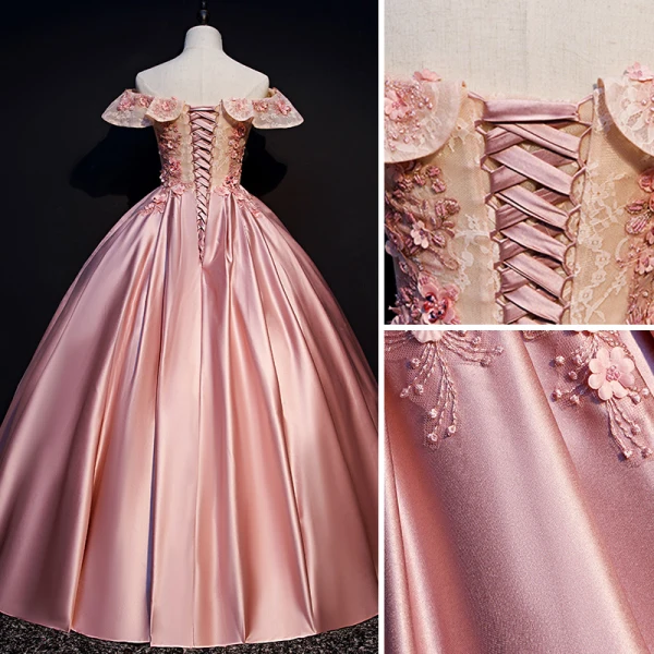 Elegant Candy Pink Prom Dresses 2019 Ball Gown Off-The-Shoulder Beading Appliques Lace Flower Sequins Short Sleeve Backless Floor-Length / Long Formal Dresses