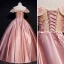 Elegant Candy Pink Prom Dresses 2019 Ball Gown Off-The-Shoulder Beading Appliques Lace Flower Sequins Short Sleeve Backless Floor-Length / Long Formal Dresses