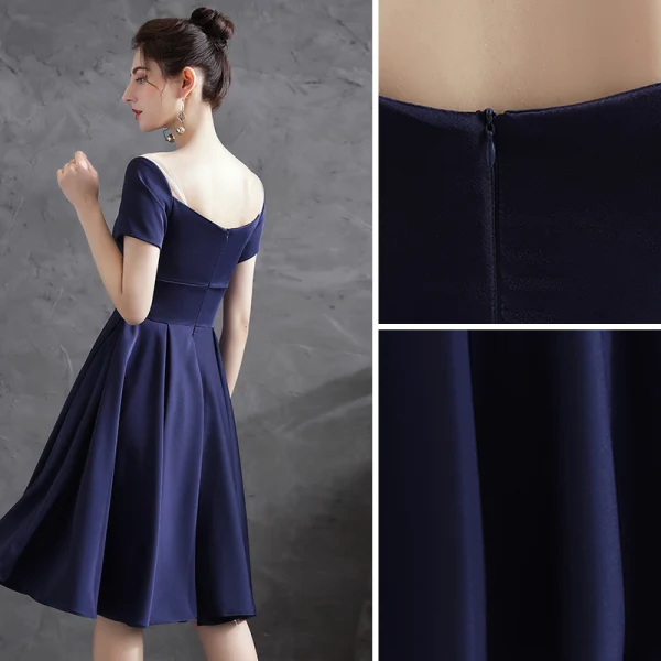Simple Bleu Marine de retour Satin Robe De Graduation 2021 Princesse Encolure Carrée Manches Courtes Dos Nu Mi-Longues Robe De Ceremonie
