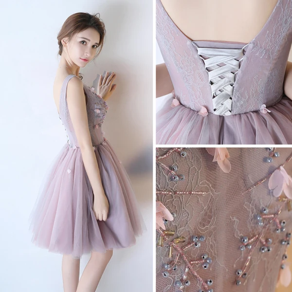 Chic / Belle Lavande Robe De Cocktail 2018 Robe Boule Perlage Perle Appliques V-Cou Dos Nu Sans Manches Mi-Longues Robe De Ceremonie