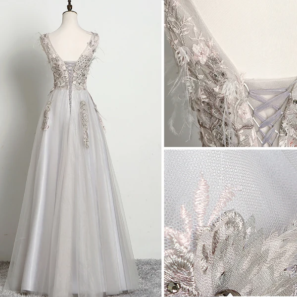 Chic / Belle Gris Robe De Soirée 2019 Princesse Sans Manches Perlage Faux Diamant En Dentelle Fleur Encolure Dégagée Dos Nu Longue Robe De Ceremonie