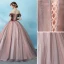 Elegant Blushing Pink Quinceañera Prom Dresses 2019 Ball Gown Off-The-Shoulder Appliques Lace Flower Bow Short Sleeve Backless Floor-Length / Long Formal Dresses