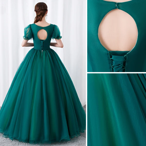 Chic / Beautiful Dark Green Prom Dresses 2019 Ball Gown Scoop Neck Rhinestone Lace Flower Short Sleeve Backless Floor-Length / Long Formal Dresses