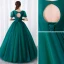 Chic / Beautiful Dark Green Prom Dresses 2019 Ball Gown Scoop Neck Rhinestone Lace Flower Short Sleeve Backless Floor-Length / Long Formal Dresses