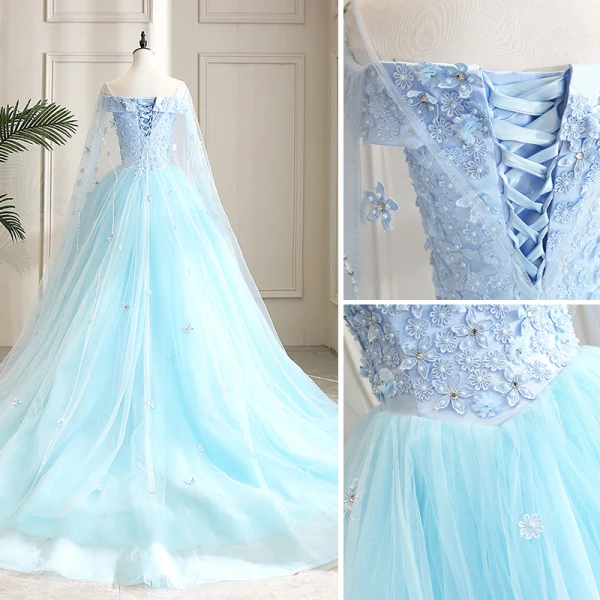 Modern / Fashion Pool Blue Prom Dresses 2019 A-Line / Princess Square Neckline Appliques Lace Flower Pearl Rhinestone Short Sleeve Backless Watteau Train Formal Dresses