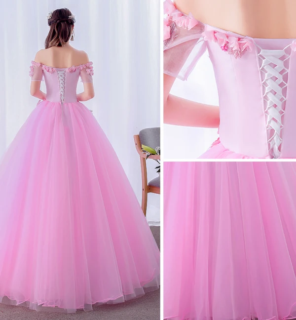 Elegant Candy Pink Prom Dresses 2019 Ball Gown Off-The-Shoulder Pearl Lace Flower Appliques Short Sleeve Backless Floor-Length / Long Formal Dresses
