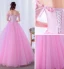 Elegant Candy Pink Prom Dresses 2019 Ball Gown Off-The-Shoulder Pearl Lace Flower Appliques Short Sleeve Backless Floor-Length / Long Formal Dresses