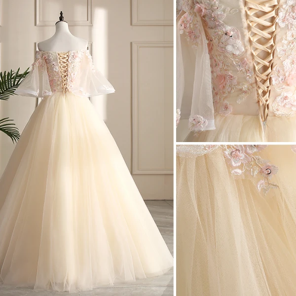 Chic / Beautiful Champagne Prom Dresses 2019 A-Line / Princess Off-The-Shoulder Lace Flower Appliques Pearl Sequins 1/2 Sleeves Backless Floor-Length / Long Formal Dresses