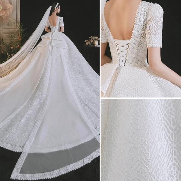 Luxury / Gorgeous White Wedding Dresses 2021 Ball Gown Scoop Neck Beading Pearl Rhinestone Bow Short Sleeve Backless Royal Train Wedding