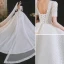 Luxury / Gorgeous White Wedding Dresses 2021 Ball Gown Scoop Neck Beading Pearl Rhinestone Bow Short Sleeve Backless Royal Train Wedding