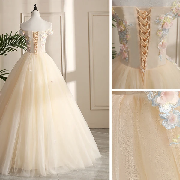 Chic / Beautiful Champagne Prom Dresses 2019 A-Line / Princess Off-The-Shoulder Pearl Sequins Lace Flower Appliques Sleeveless Backless Floor-Length / Long Formal Dresses