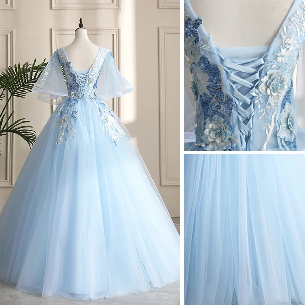 Classy Sky Blue Prom Dresses 2019 A-Line / Princess V-Neck Pearl Sequins Lace Flower Short Sleeve Backless Floor-Length / Long Formal Dresses