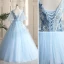 Classy Sky Blue Prom Dresses 2019 A-Line / Princess V-Neck Pearl Sequins Lace Flower Short Sleeve Backless Floor-Length / Long Formal Dresses