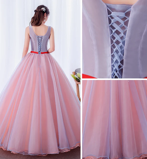 Mode Pink Ballkleider 2019 Ballkleid Applikationen Rundhalsausschnitt Perle Spitze Blumen Schleife Ärmellos Rückenfreies Lange Festliche Kleider