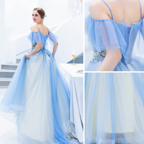Chic / Beautiful Pool Blue Evening Dresses 2019 A-Line / Princess Spaghetti Straps Beading Lace Flower Short Sleeve Backless Floor-Length / Long Formal Dresses