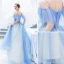 Chic / Beautiful Pool Blue Evening Dresses  2019 A-Line / Princess Spaghetti Straps Beading Lace Flower Short Sleeve Backless Floor-Length / Long Formal Dresses