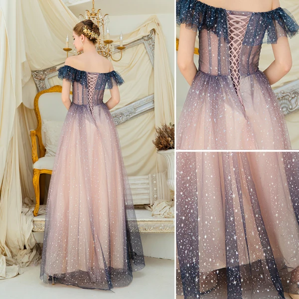 Glitzernden Rosa Abendkleider 2019 A Linie Off Shoulder Star Pailletten Kurze Ärmel Rückenfreies Lange Festliche Kleider